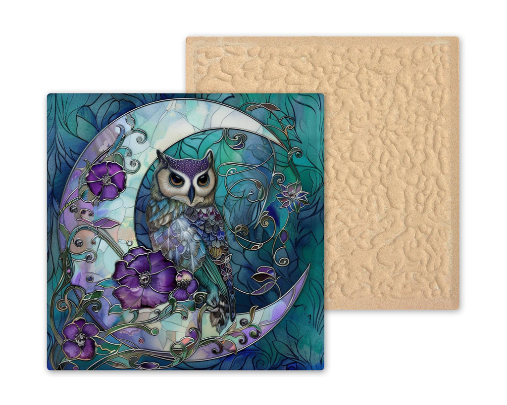 Moon Flower Owl Stained Glass Style Ceramic Art Tile: Nature Wall Decor Bird Lover Gift Home Decor Wall Art