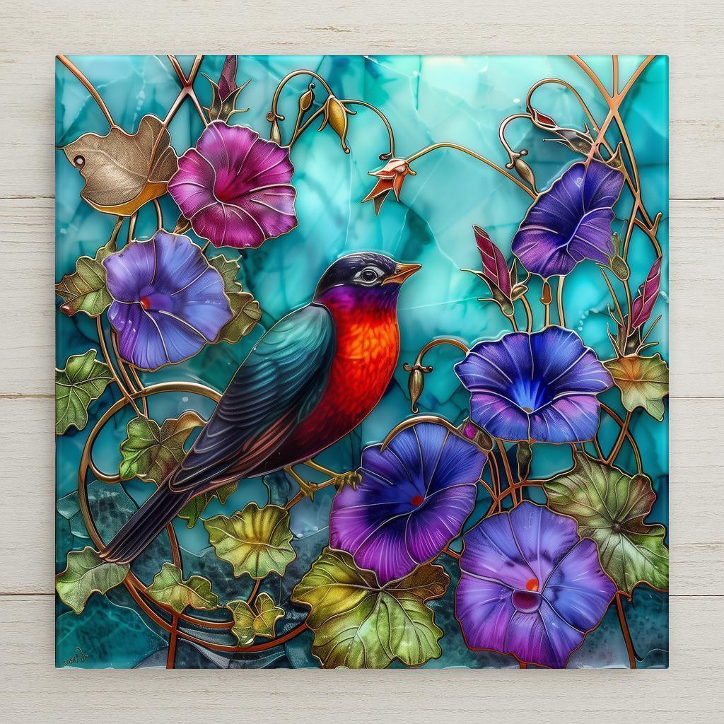 Bold red robin tile art with morning glories on a luminous teal background. Home decor stained glass look print on ceramic wall art. Optional cork backing, tile wall hanger, or easel tile stand available.