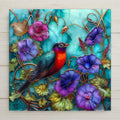 Bold red robin tile art with morning glories on a luminous teal background. Home decor stained glass look print on ceramic wall art. Optional cork backing, tile wall hanger, or easel tile stand available.