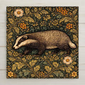 Badger woodland wall art ceramic tile in William Morris style with emerald and antique gold botanical foliage. Cottagecore forest home decor.
