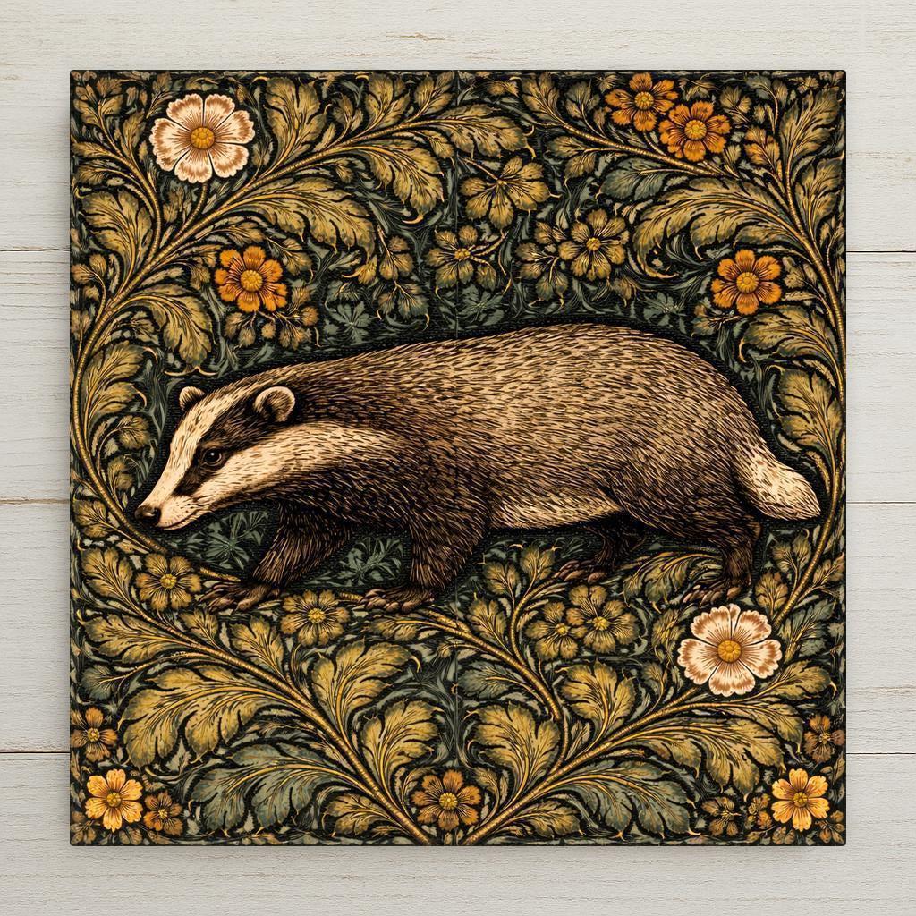 Badger woodland wall art ceramic tile in William Morris style with emerald and antique gold botanical foliage. Cottagecore forest home decor.