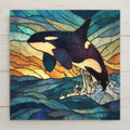 Orca whale breaching ocean waves at sunset in stained glass style, vibrant coastal ceramic tile wall art.