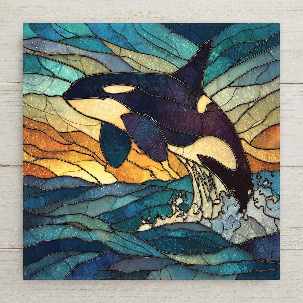 Orca whale breaching ocean waves at sunset in stained glass style, vibrant coastal ceramic tile wall art.