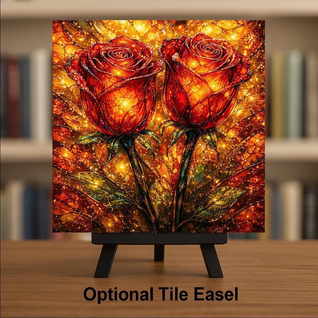 Roses Wall Art Ceramic Tile Stained Glass Style Romantic Floral Home Decor Red Rose Artwork Gift Tile