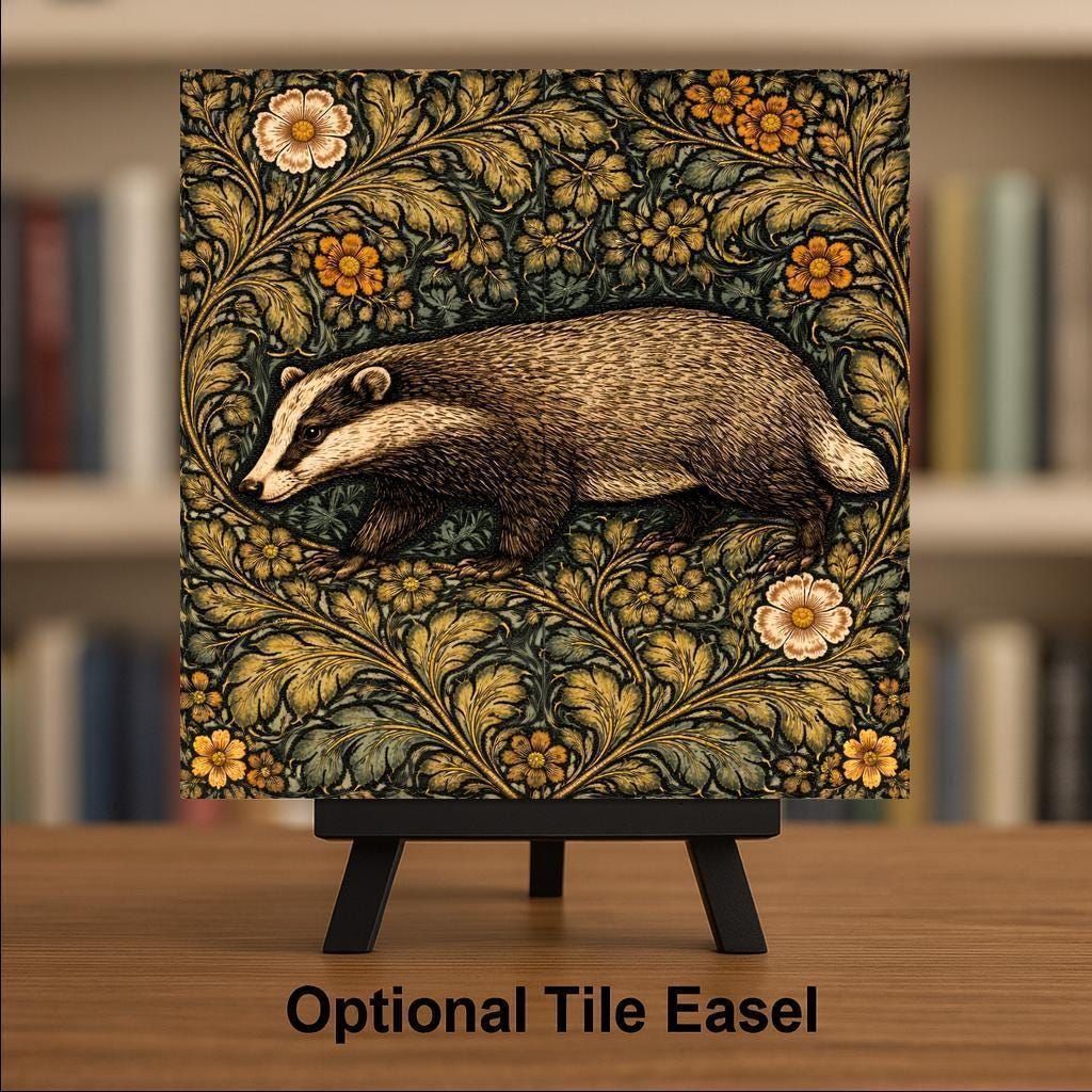 Badger Woodland Wall Art Ceramic Tile – Cottagecore Forest Home Decor – Arts and Crafts Botanical Wall Art Gift