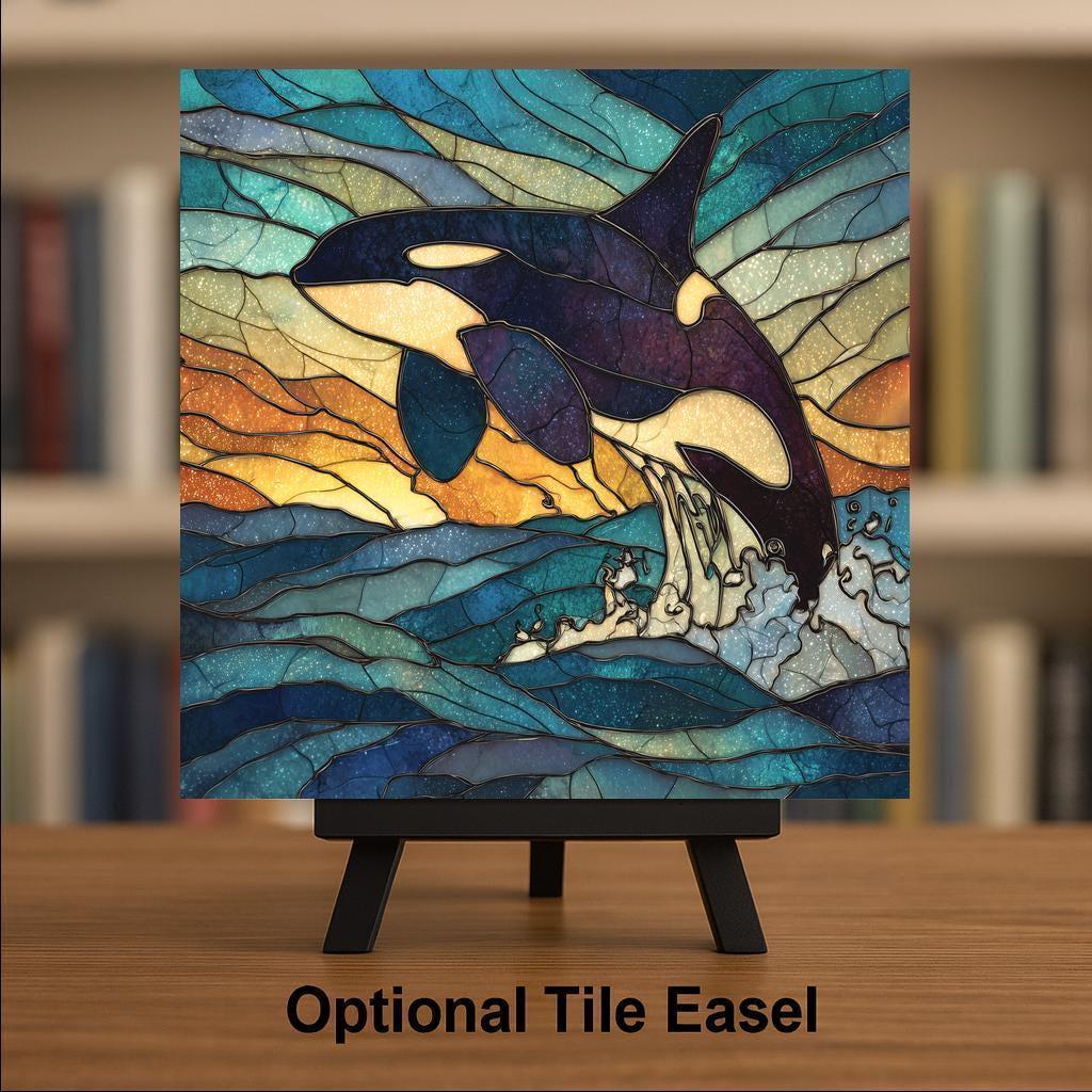 Orca Whale Coastal Wall Art Ceramic Tile – Stained Glass Style Ocean Sunset Home Decor, Killer Whale Beach House Wall Decor