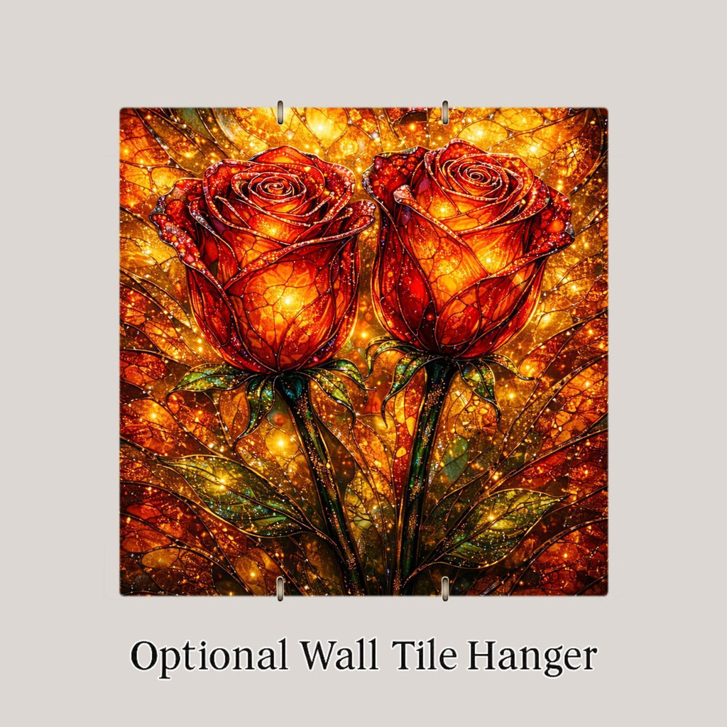 Roses Wall Art Ceramic Tile Stained Glass Style Romantic Floral Home Decor Red Rose Artwork Gift Tile