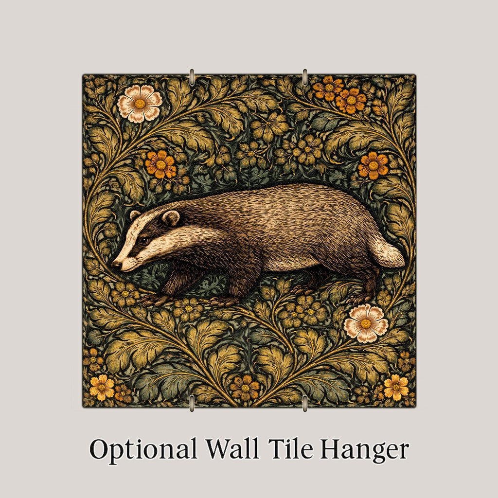 Badger Woodland Wall Art Ceramic Tile – Cottagecore Forest Home Decor – Arts and Crafts Botanical Wall Art Gift