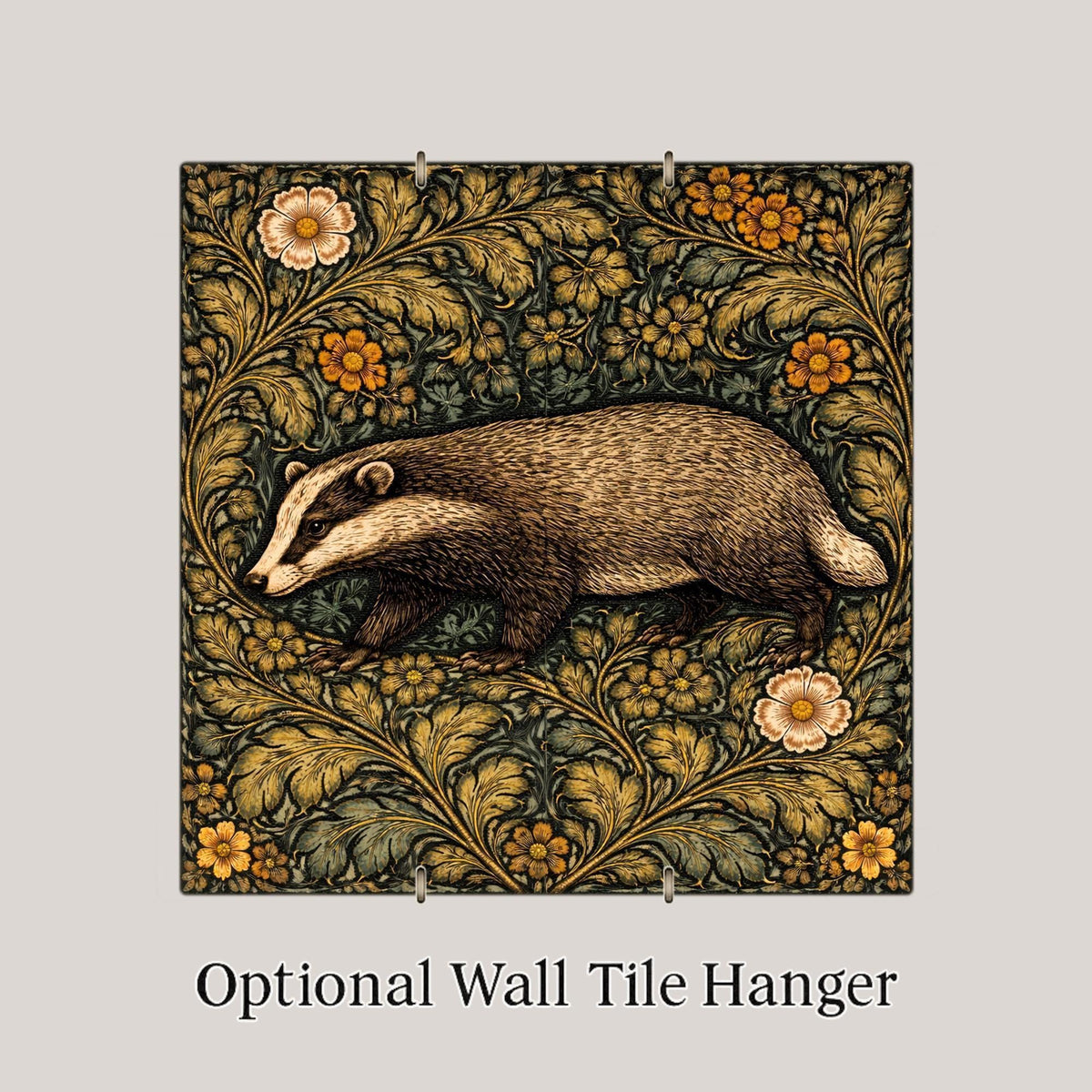 Badger Woodland Wall Art Ceramic Tile – Cottagecore Forest Home Decor – Arts and Crafts Botanical Wall Art Gift