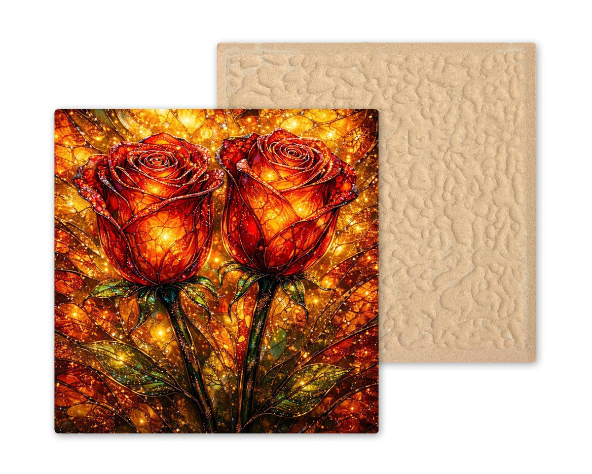 Roses Wall Art Ceramic Tile Stained Glass Style Romantic Floral Home Decor Red Rose Artwork Gift Tile