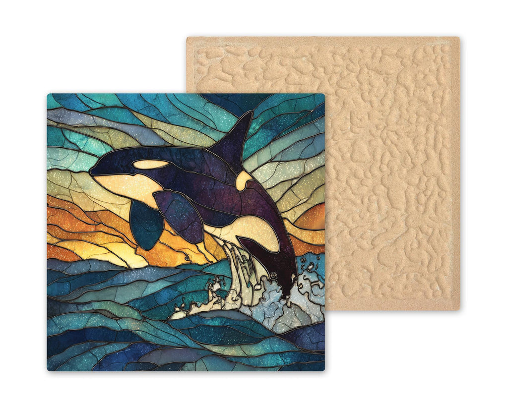 Orca Whale Coastal Wall Art Ceramic Tile – Stained Glass Style Ocean Sunset Home Decor, Killer Whale Beach House Wall Decor