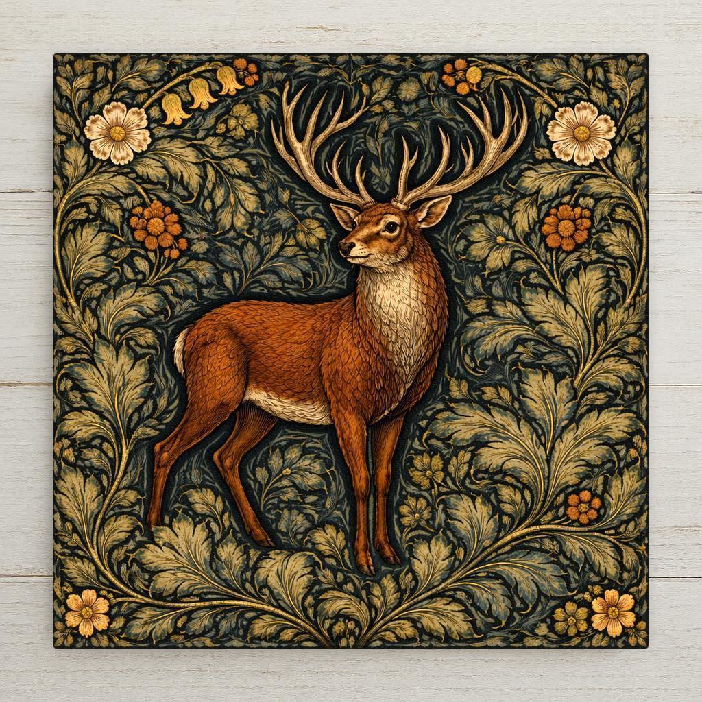William Morris inspired stag ceramic tile surrounded by ornate botanical foliage in deep green and antique gold tones. Woodland deer wall art for cabin, lodge, and rustic decor.
