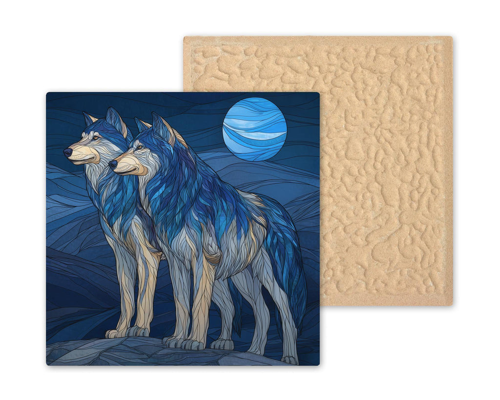 Wolf Pair Wall Art Ceramic Tile Stained Glass Style Anniversary Gift Couple Decor Blue Moon Nature