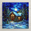 Stained glass–style ceramic tile featuring a glowing Christmas cabin in the forest beneath a moonlit snowy sky home decor. While it may look like stained glass or mosaic, this is a permanent print on tile. Printed with premium inks for lasting vivid color. Optional add-ons include a tile wall hanger, easel tile stand, or cork backing. Perfect for rustic Christmas décor, seasonal wall art, or thoughtful holiday gifts.