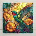 Vibrant ceramic tile featuring a sunlit stained glass-style hummingbird and golden flowers. Permanent print, fade-resistant, perfect as wall decor or trivet. Optional tile wall hanger, easel tile stand, or cork backing available.