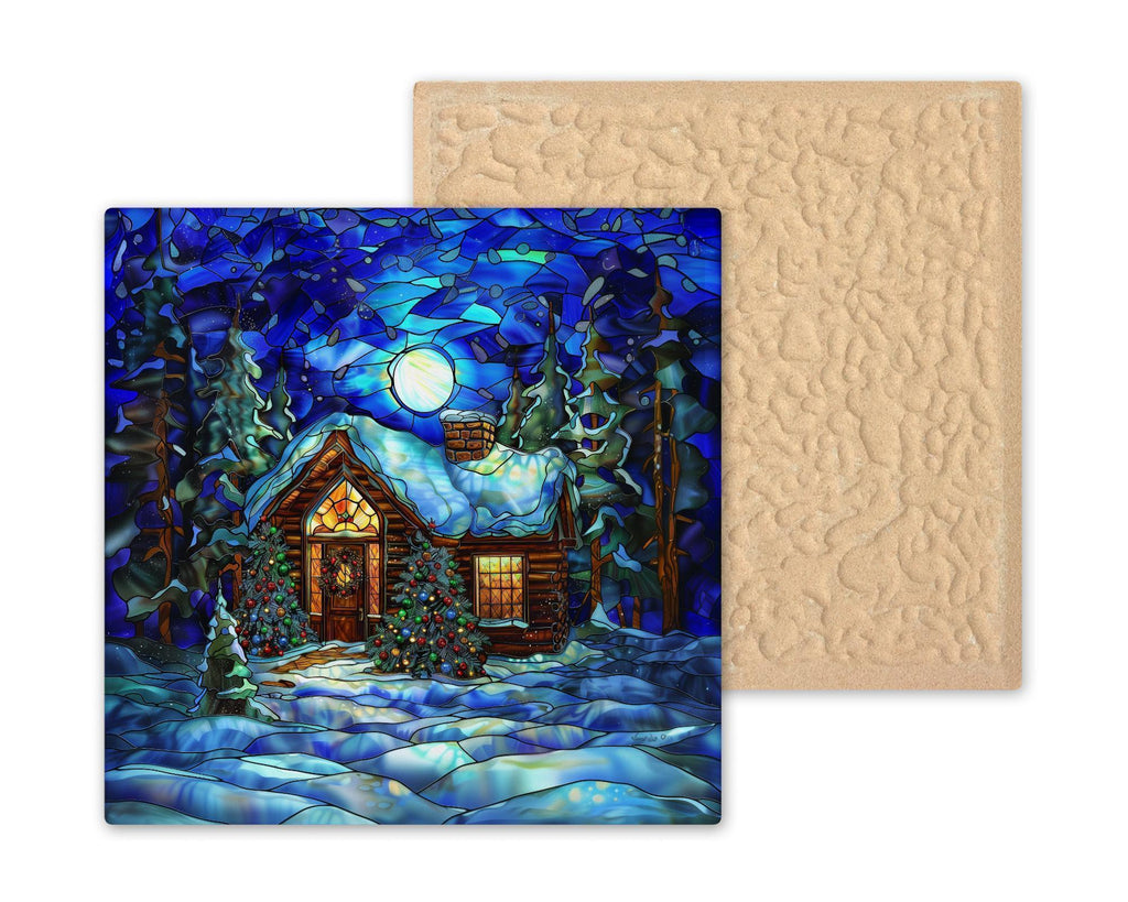 Winter Cabin Wall Art Ceramic Tile Christmas Gift Rustic Lodge Decor Snowy Scene Art Holiday Gift Tile