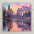 Yosemite wall art ceramic tile featuring Merced River with Yosemite Falls in stained glass style. Jewel-tone sunset colors and glossy finish make this piece glow. Optional satin frame, cork backing, or easel available. Perfect gift for national park lovers and California landscape décor.