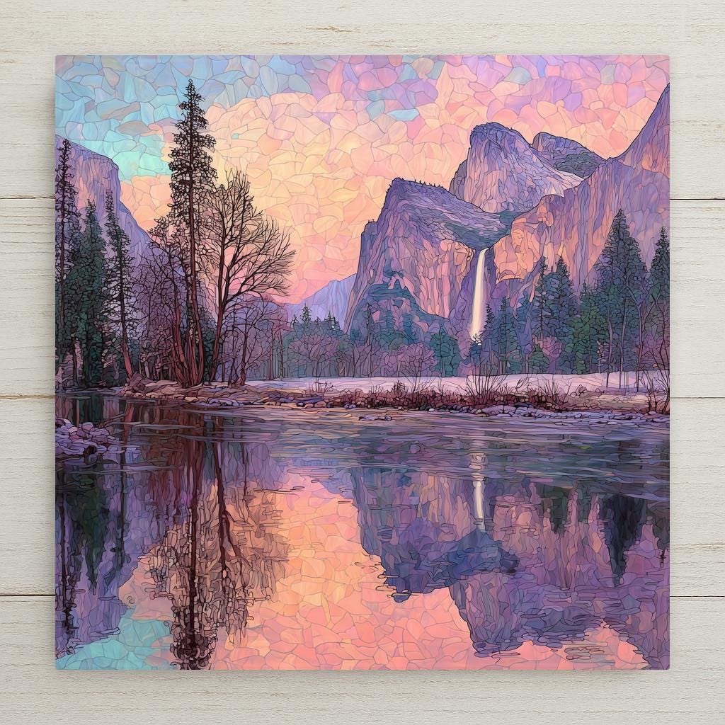 Yosemite wall art ceramic tile featuring Merced River with Yosemite Falls in stained glass style. Jewel-tone sunset colors and glossy finish make this piece glow. Optional satin frame, cork backing, or easel available. Perfect gift for national park lovers and California landscape décor.