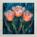 Three glowing coral tulips with soft peach and blush tones against a deep teal stained glass background, ceramic tile wall art.