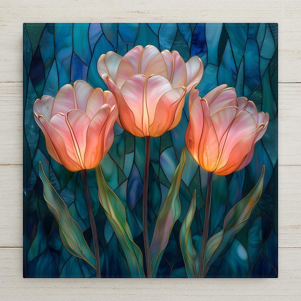 Three glowing coral tulips with soft peach and blush tones against a deep teal stained glass background, ceramic tile wall art.