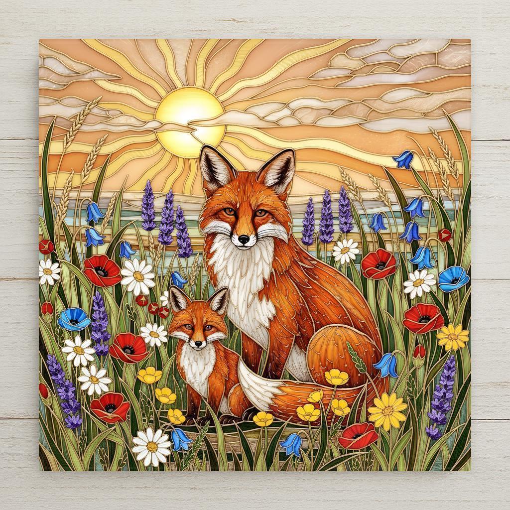 Stained glass style ceramic art tile of a mother fox and baby fox in a wildflower meadow of poppies daisies and lavender at sunset, woodland nursery and new mom baby shower decor.