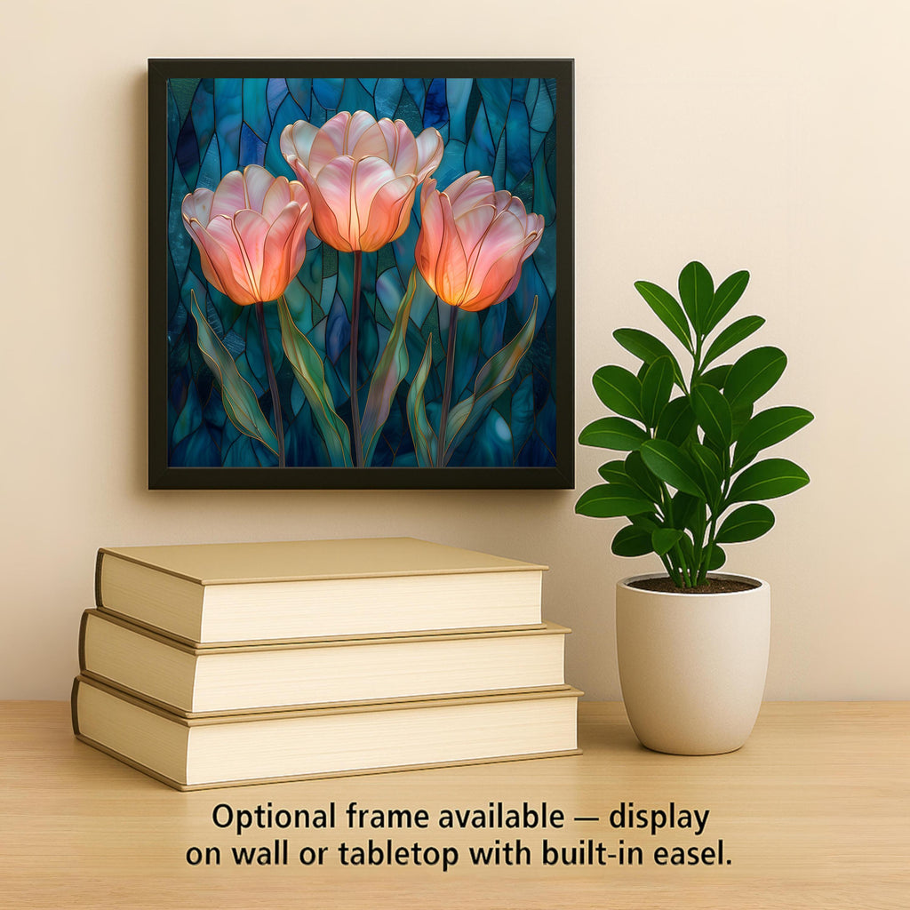 Coral Tulip Wall Art Ceramic Tile – Stained Glass Style Floral Decor, Soft Spring Botanical Artwork, Elegant Home Decor Gift for Her