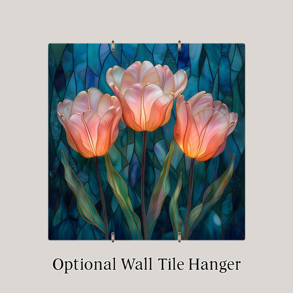 Coral Tulip Wall Art Ceramic Tile – Stained Glass Style Floral Decor, Soft Spring Botanical Artwork, Elegant Home Decor Gift for Her