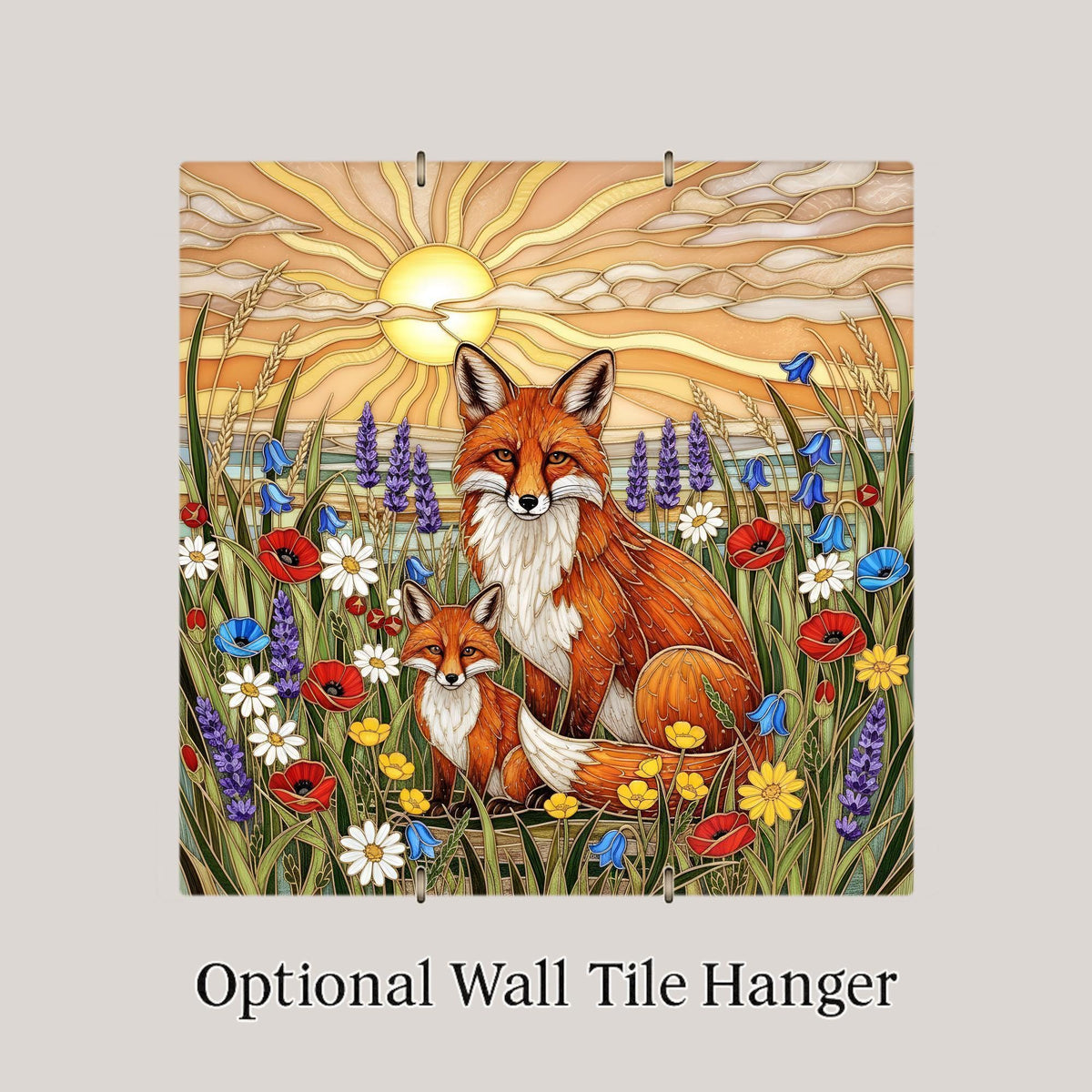 Mother and Baby Fox Stained Glass Style Ceramic Art Tile – Woodland Nursery Wall Decor, New Mom Keepsake