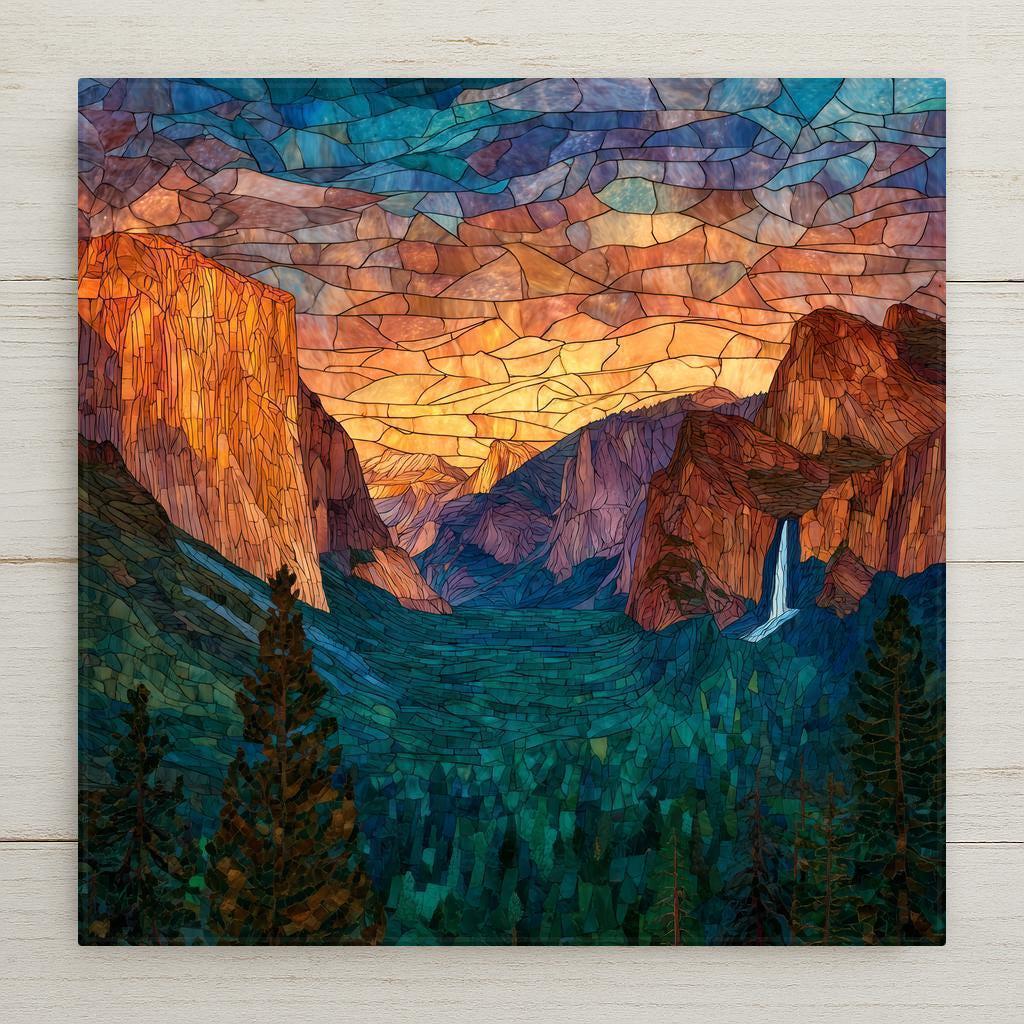 Yosemite Valley ceramic tile wall art featuring El Capitan, Cathedral Rocks, and Bridalveil Fall at sunset. Rendered in a stained glass–style mosaic with warm amber and cool green tones. Permanent print on ceramic tile, not real stained glass or mosaic. Designed for wall decor or shelf display, with optional wall hanger, easel stand, cork backing, or premium frame.