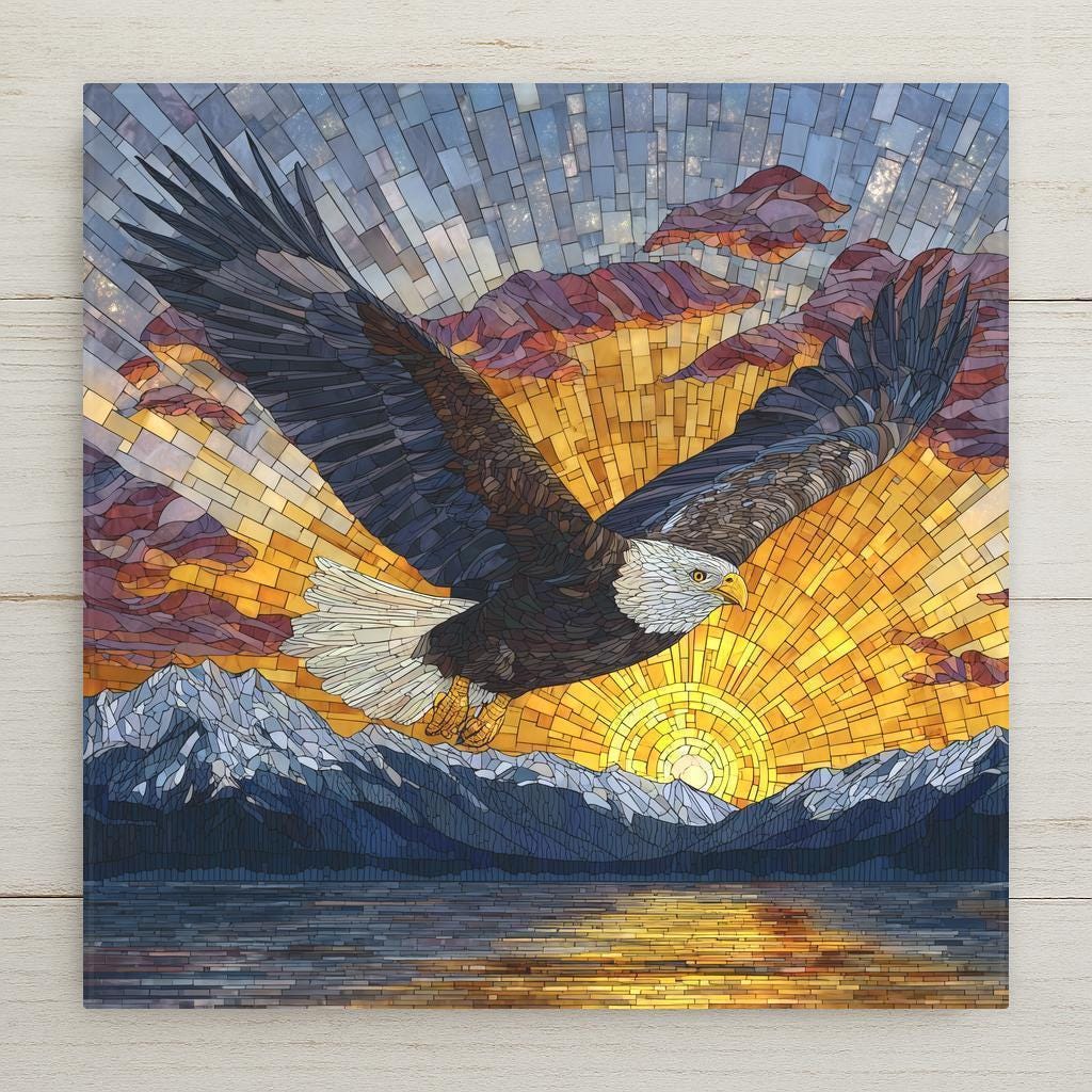 Stained-glass style bald eagle tile featuring a dramatic golden sunset over mountain peaks and reflective water. The eagle soars across the sky with detailed wings and bold color, creating a striking nature-inspired art piece for rustic homes, cabins, and wildlife lovers. Optional hanger, stand, cork backing, or premium frame available.