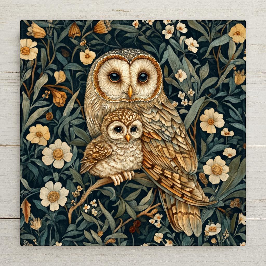 Bring the charm of Art Nouveau into your space with this William Morris inspired ceramic tile wall decor. Adorned with a pair of darling woodland owl lovers, this vintage-style trivet is a classic piece that will add a touch of elegance to your home. A must-have for owl enthusiasts and art connoisseurs alike!