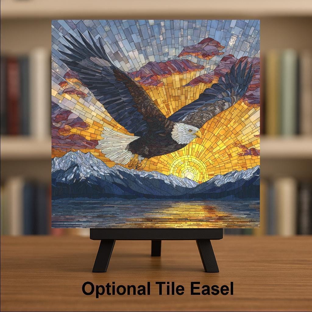 Bald Eagle Wall Art Ceramic Tile Stained Glass Style Mountain Sunset Decor Rustic Cabin Art Eagle Lover Gift Tile
