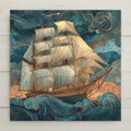 Sailing ship ceramic art tile with stained glass style details. Inspired by ocean adventures and timeless maritime spirit. Includes optional wall hanger, easel stand, or cork backing. A perfect coastal accent for any space.