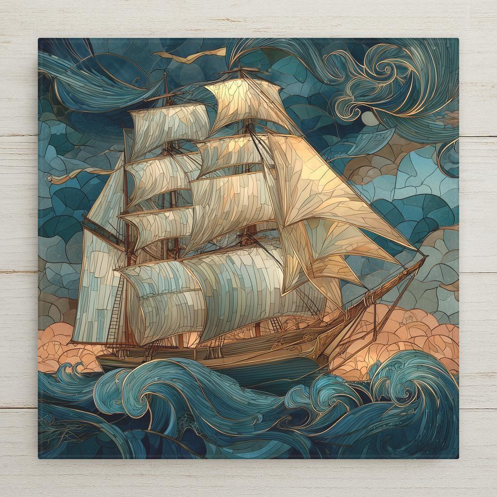 Sailing ship ceramic art tile with stained glass style details. Inspired by ocean adventures and timeless maritime spirit. Includes optional wall hanger, easel stand, or cork backing. A perfect coastal accent for any space.