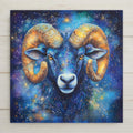 Bold Aries zodiac ceramic tile featuring a cosmic watercolor ram. A perfect astrology gift for March or April birthdays and fire sign decor lovers.