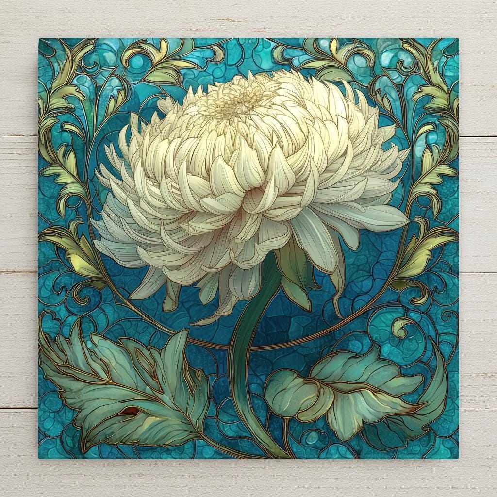 Stained glass style white dahlia ceramic tile featuring layered cream petals against a rich teal Art Nouveau botanical background with flowing green vines and leaves. Elegant floral wall art for cottagecore home decor and vintage interiors.