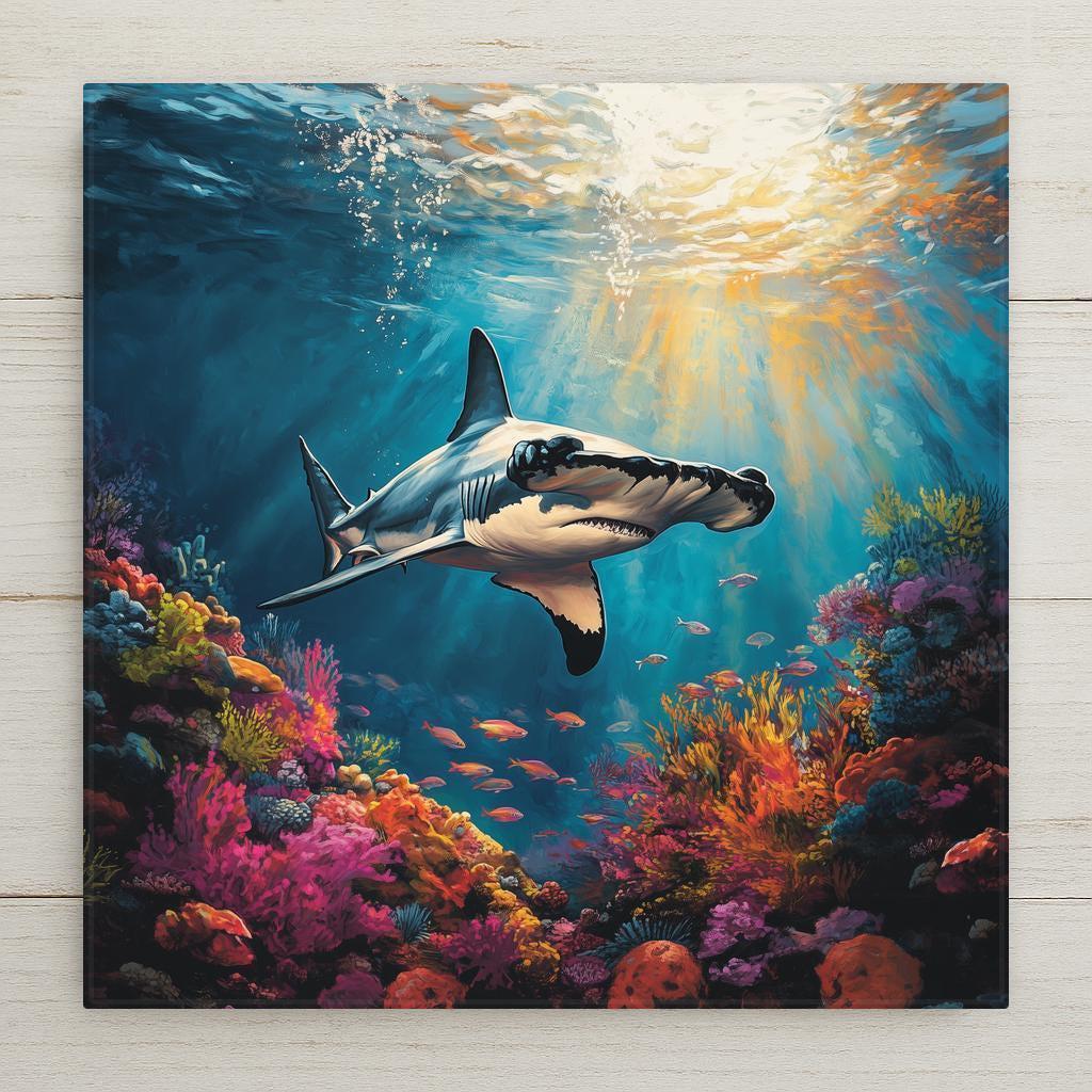 This hammerhead shark ceramic tile features vivid reef colors and bold ocean vibes. Perfect for marine décor, shark lovers, and coastal homes.