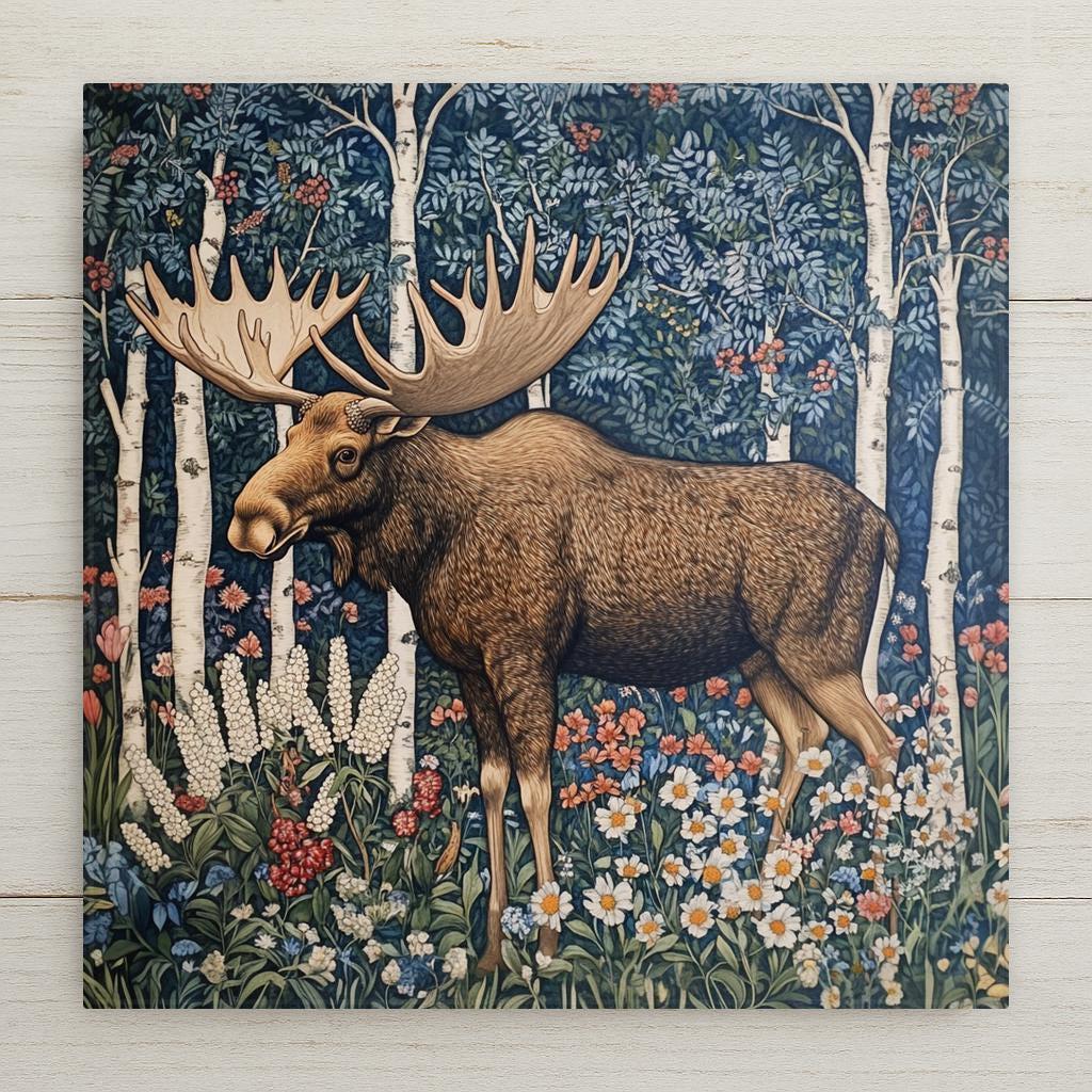 Rustic ceramic tile featuring a moose in a William Morris-inspired forest scene. Use as wall art, trivet, or woodland cabin décor. Cork backing, hanger, or stand available.