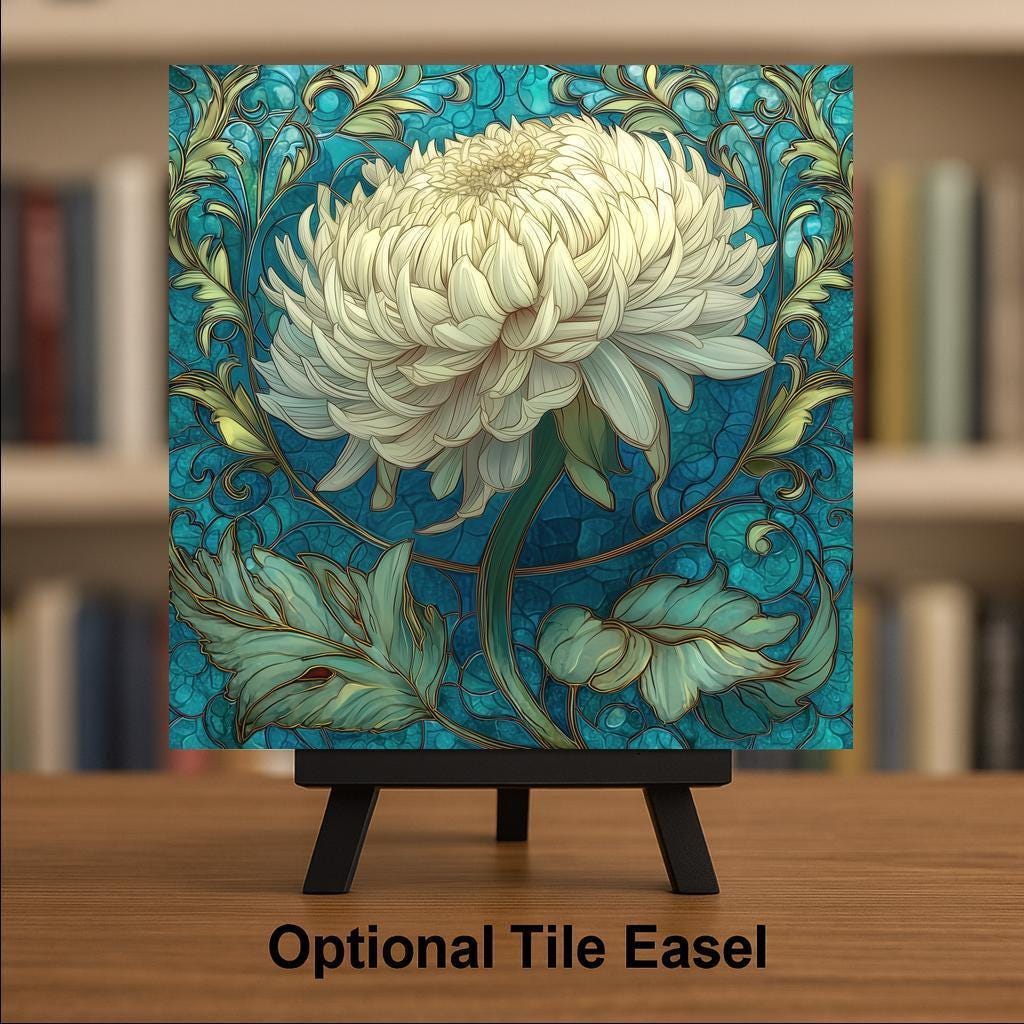 White Dahlia Wall Art Ceramic Tile – Cream Floral Stained Glass Decor – Botanical Wall Decor – Cottagecore Home Decor Gift