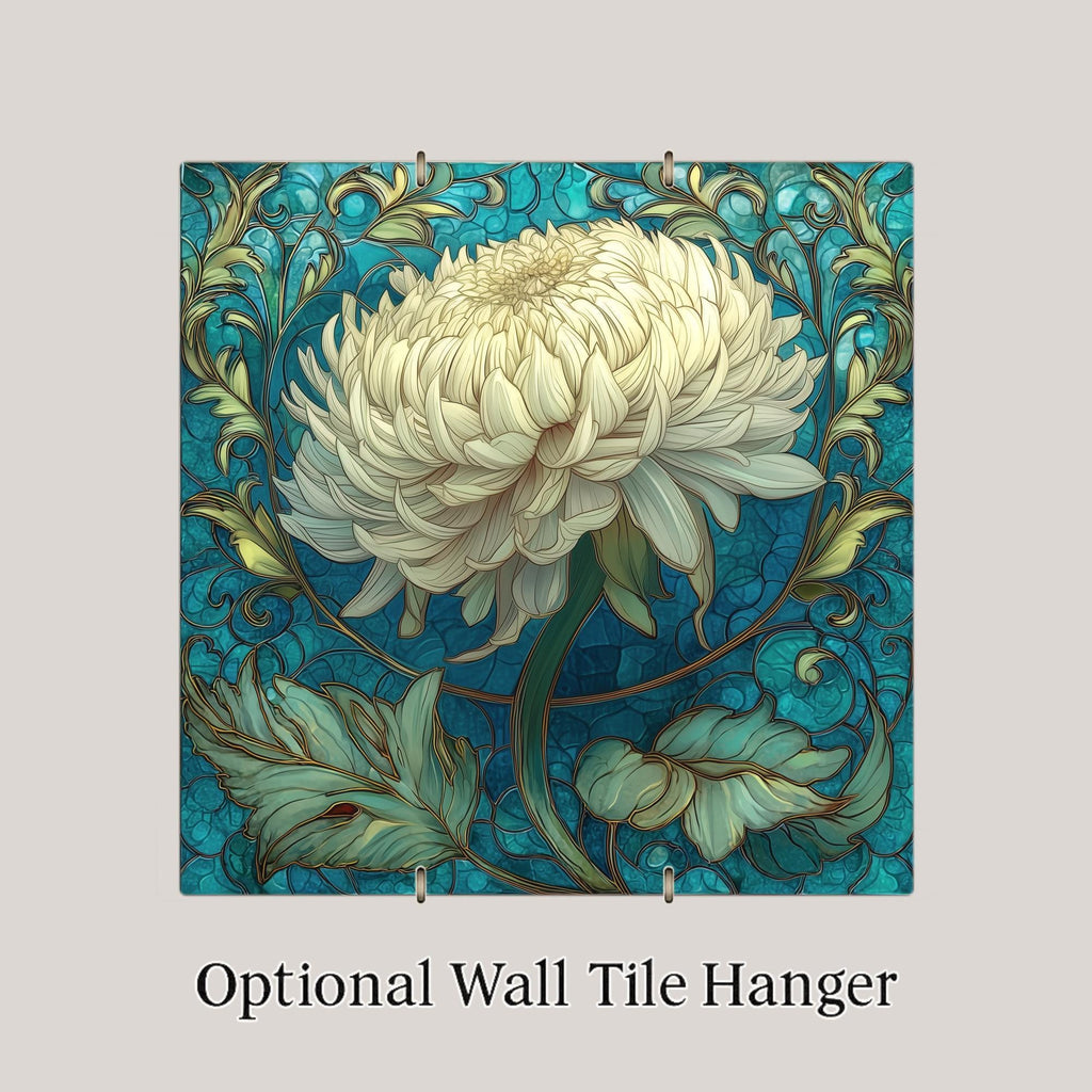 White Dahlia Wall Art Ceramic Tile – Cream Floral Stained Glass Decor – Botanical Wall Decor – Cottagecore Home Decor Gift