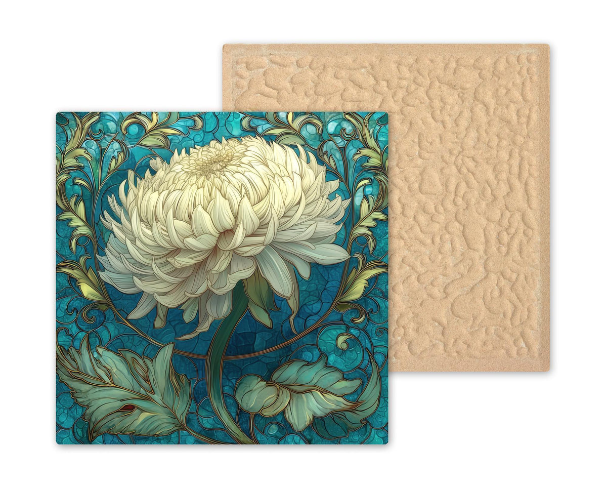 White Dahlia Wall Art Ceramic Tile – Cream Floral Stained Glass Decor – Botanical Wall Decor – Cottagecore Home Decor Gift