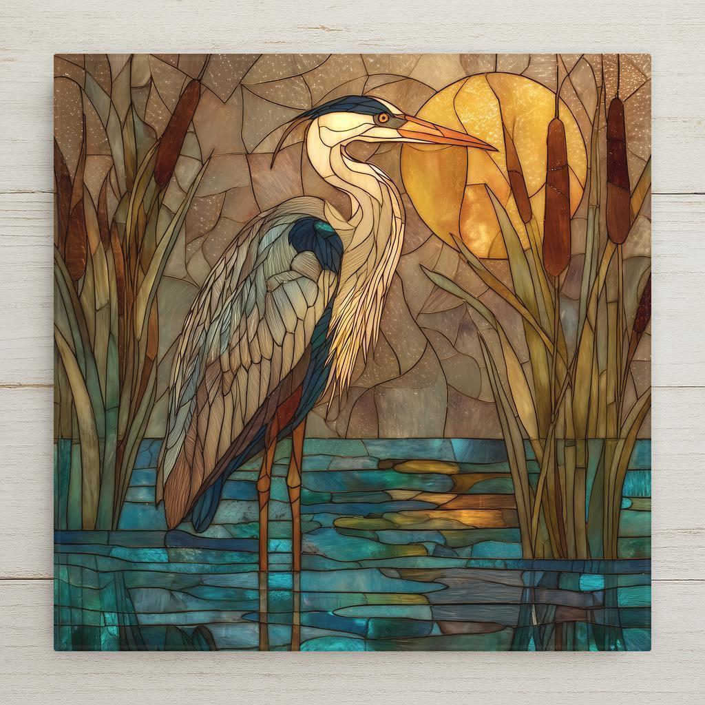 Blue heron stained glass-style ceramic tile with teal water and golden sunset tones. Perfect wall art for home decor. Optional tile wall hanger, tile stand, cork backing, and premium frame available. Permanent print on tile, not real stained glass or mosaic.