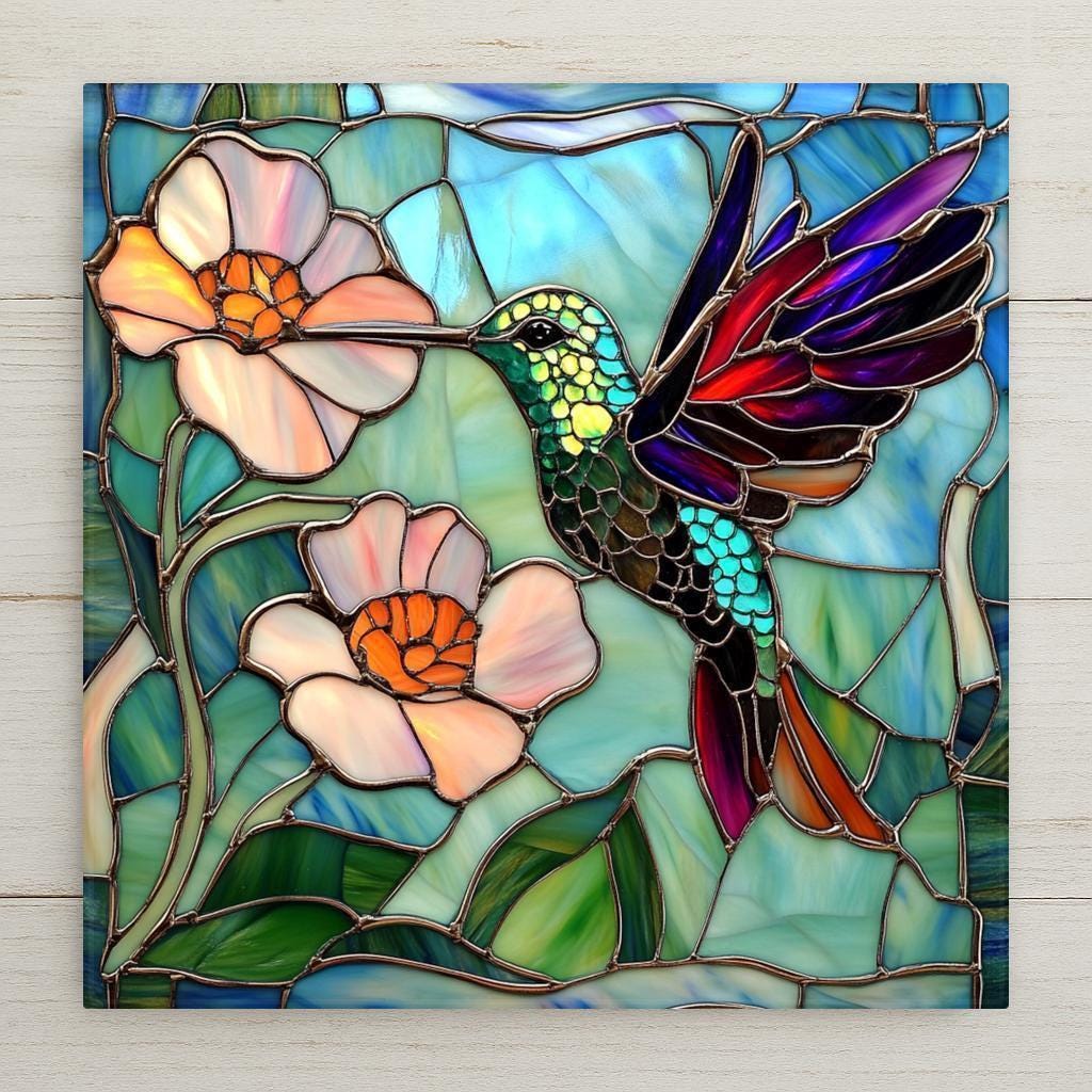 Vibrant hummingbird ceramic tile in stained glass style with peach flowers. A joyful handmade art gift for bird lovers and garden décor fans.