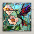 Vibrant hummingbird ceramic tile in stained glass style with peach flowers. A joyful handmade art gift for bird lovers and garden décor fans.