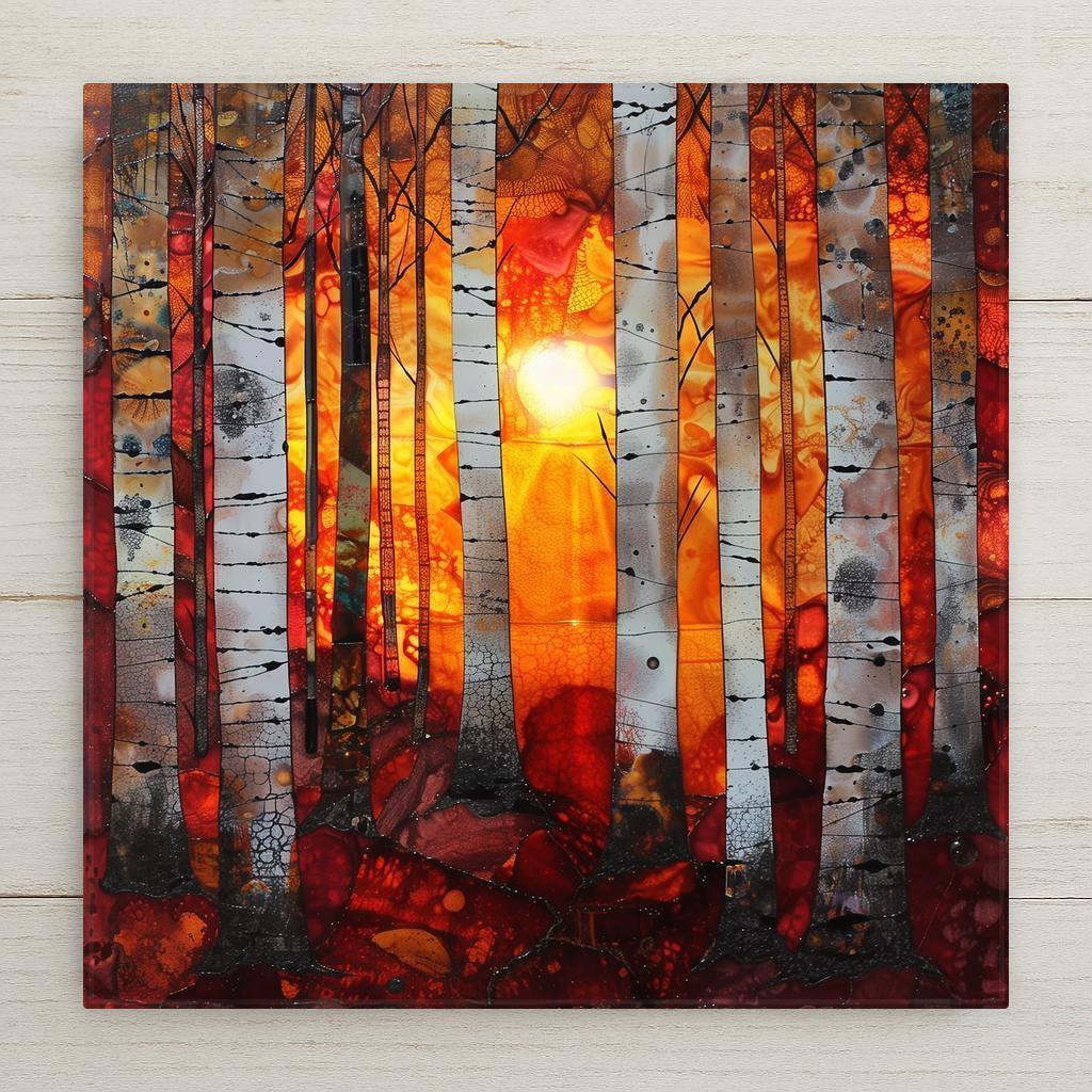 Dramatic birch forest sunset ceramic tile with glowing amber and crimson light shining through tall birch trees. Alcohol ink and stained glass hybrid style woodland wall decor.