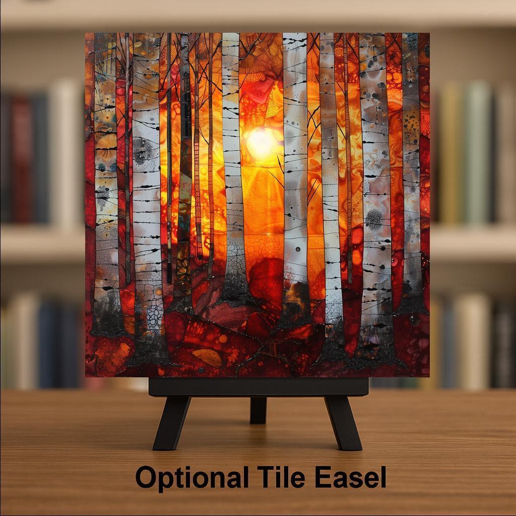 Birch Forest Ceramic Art Tile – Dramatic Sunset Woodland Wall Decor, Rustic Cabin Nature Lover Gift
