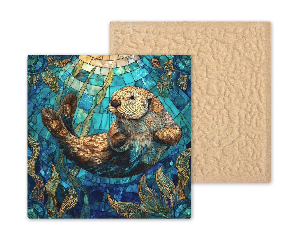 Sea Otter Wall Art Ceramic Tile – Stained Glass Style Ocean Coastal Beach Home Decor