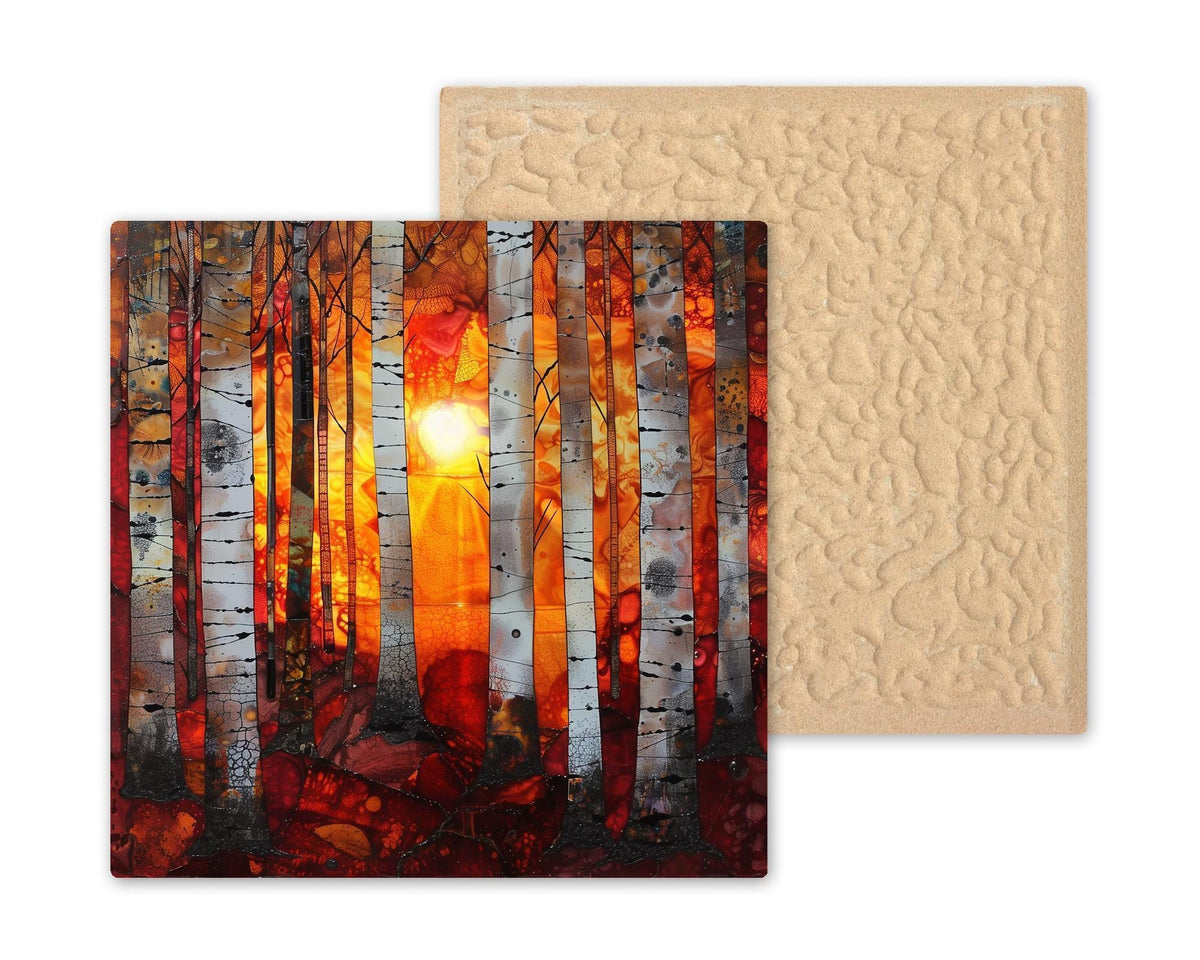 Birch Forest Ceramic Art Tile – Dramatic Sunset Woodland Wall Decor, Rustic Cabin Nature Lover Gift