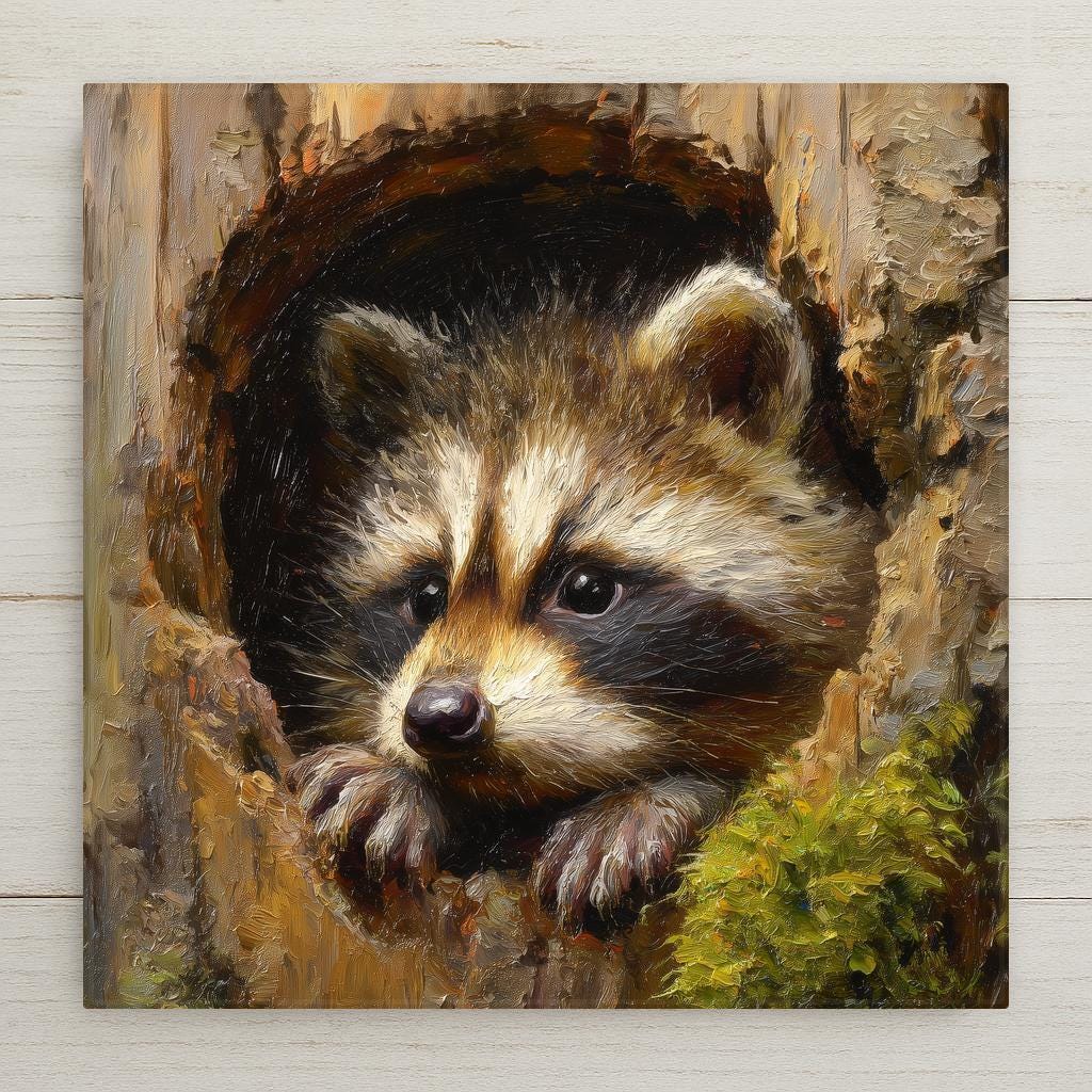 A sweet forest raccoon peeks from a tree hollow in this charming ceramic tile wall art. Perfect for rustic homes, cottages, cabins, and woodland decor. Optional tile wall hanger, easel tile stand, cork backing, and premium frame available. Permanent print on tile; not real stained glass.