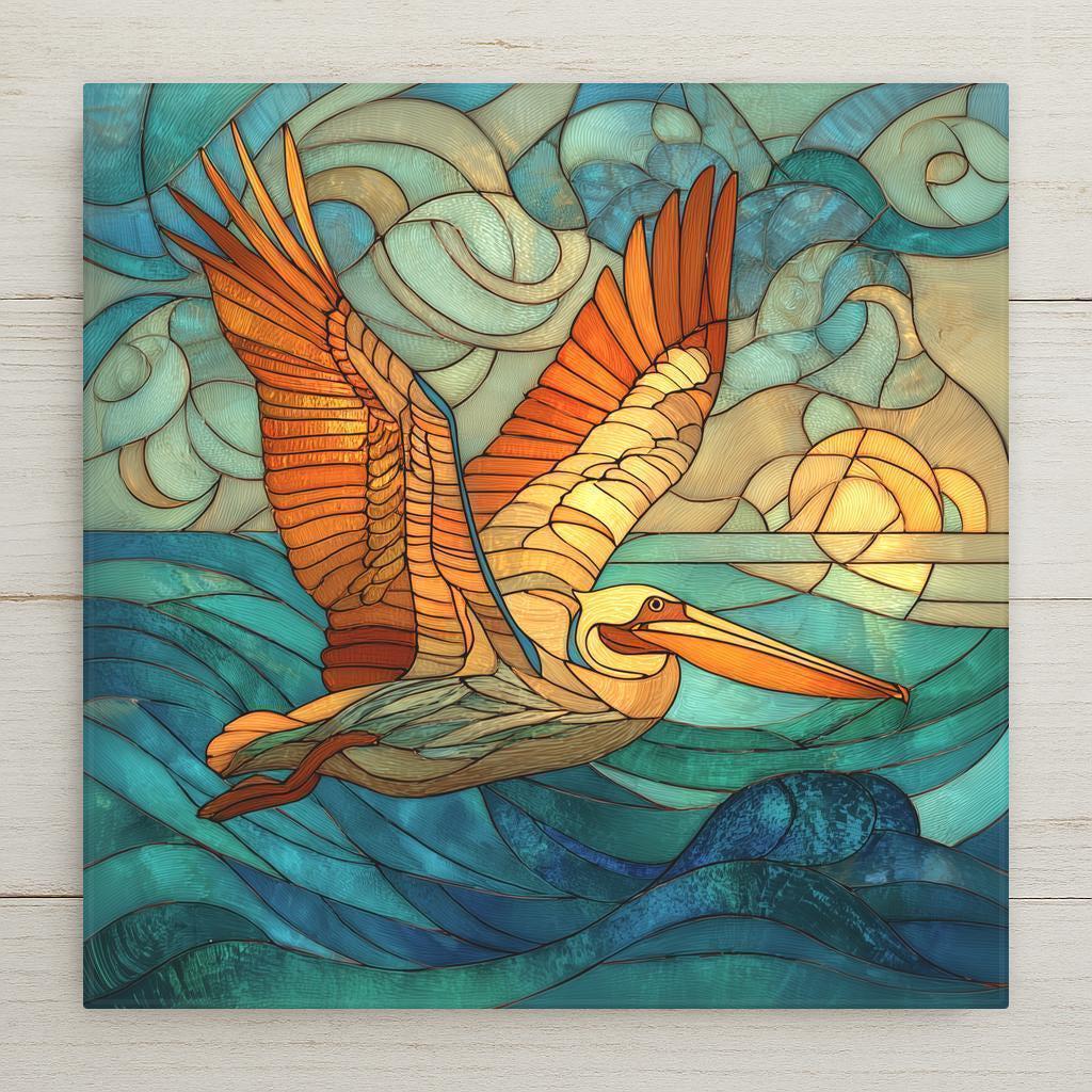 Stained glass–style pelican ceramic tile wall art featuring a soaring pelican above ocean waves and sunlit skies. A coastal-inspired piece perfect for wall decor or shelf display. Printed artwork on ceramic tile, not actual stained glass. Optional tile wall hanger, easel tile stand, cork backing, and premium frame available for versatile home decor display.